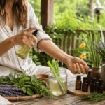 Natural Bug Repellent blog image featuring a woman spraying homemade herbal bug repellent on her arm while sitting on a sunny porch, surrounded by lemongrass, lavender, mint, rosemary, eucalyptus, and small essential oil bottles used for natural insect-repelling blends.
