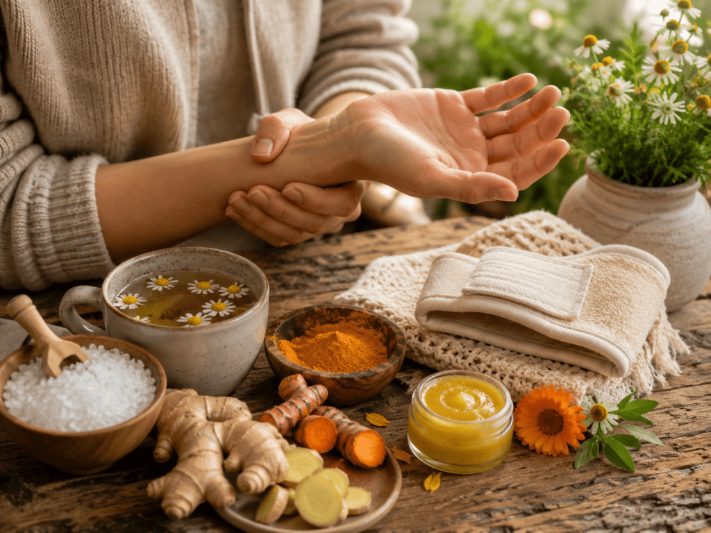 Natural Remedies for Carpal Tunnel blog image featuring a person holding a sore wrist beside chamomile tea, ginger, turmeric, calendula salve, Epsom salt, a soft wrist wrap, and calming herbal remedies on a rustic wooden table.