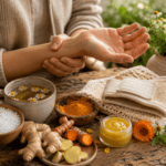 Natural Remedies for Carpal Tunnel blog image featuring a person holding a sore wrist beside chamomile tea, ginger, turmeric, calendula salve, Epsom salt, a soft wrist wrap, and calming herbal remedies on a rustic wooden table.