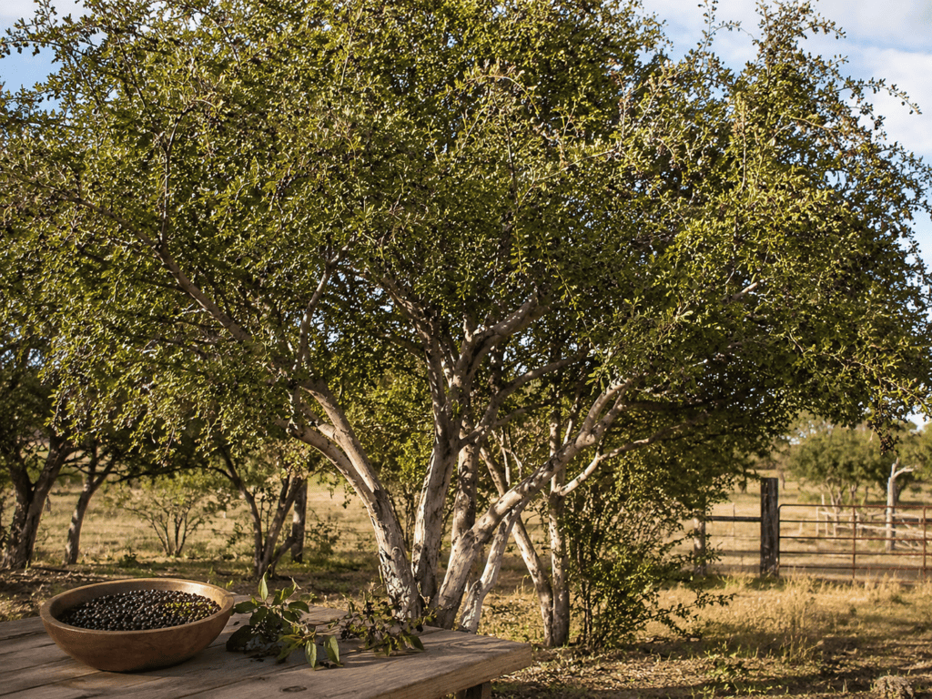 Texas Persimmon Benefits blog image featuring a mature female Texas persimmon tree on a South Texas property with smooth pale bark, small dark purple-black native persimmon fruit added to the branches, and a wooden bowl of harvested Texas persimmons in the foreground.