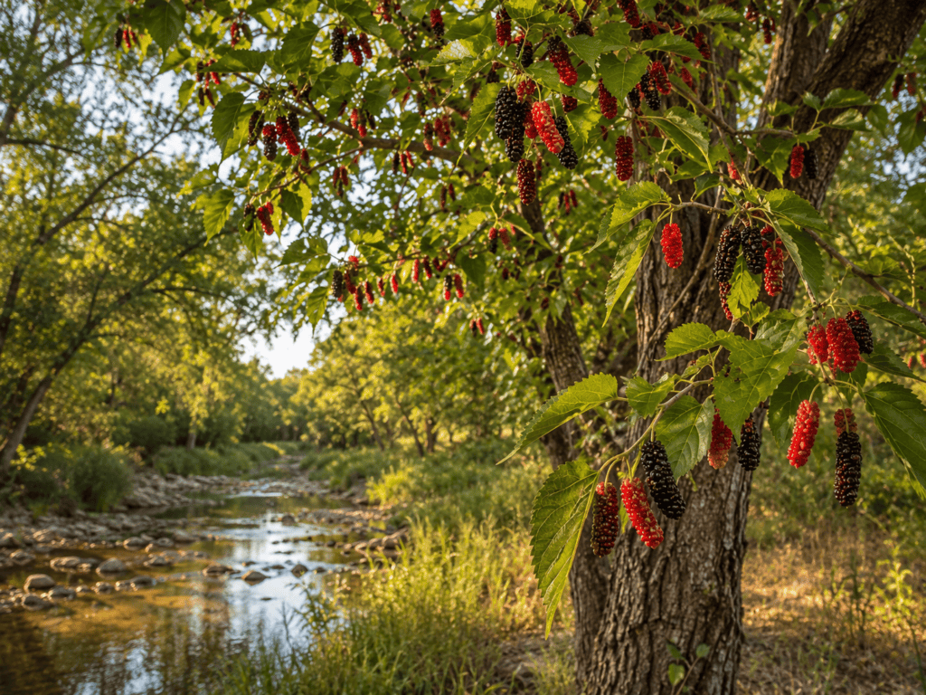 Wild Mulberry Benefits blog image featuring a tall native Texas red mulberry tree growing along a sunlit creekbank, with red and dark purple-black mulberries hanging from branches, green serrated leaves, mature bark, and a natural South Texas creek setting.