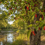 Wild Mulberry Benefits blog image featuring a tall native Texas red mulberry tree growing along a sunlit creekbank, with red and dark purple-black mulberries hanging from branches, green serrated leaves, mature bark, and a natural South Texas creek setting.