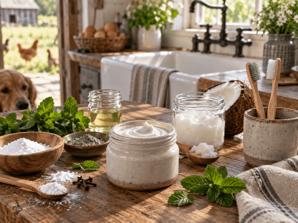 Natural Homemade Toothpaste Recipe blog image featuring a jar of homemade toothpaste surrounded by coconut oil, baking soda, fresh mint, cloves, herbal powder, bamboo toothbrushes, and simple natural ingredients in a rustic farmhouse kitchen setting.