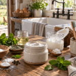 Natural Homemade Toothpaste Recipe blog image featuring a jar of homemade toothpaste surrounded by coconut oil, baking soda, fresh mint, cloves, herbal powder, bamboo toothbrushes, and simple natural ingredients in a rustic farmhouse kitchen setting.