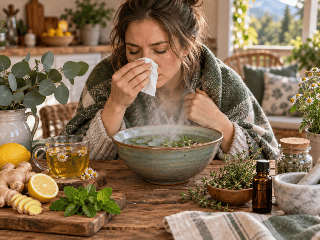 Natural Remedies for Sinus Congestion and Mucus blog image featuring a woman using herbal steam while holding a tissue, surrounded by eucalyptus, thyme, peppermint, ginger, lemon, chamomile tea, essential oil, and natural sinus-support remedies on a rustic kitchen table.