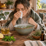 Natural Remedies for Sinus Congestion and Mucus blog image featuring a woman using herbal steam while holding a tissue, surrounded by eucalyptus, thyme, peppermint, ginger, lemon, chamomile tea, essential oil, and natural sinus-support remedies on a rustic kitchen table.